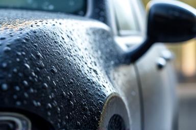 Close-up of a high-pressure water spray on a car body